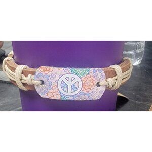 Handmade Leather & Cord Bracelet With Peace Symbol & Floral Design